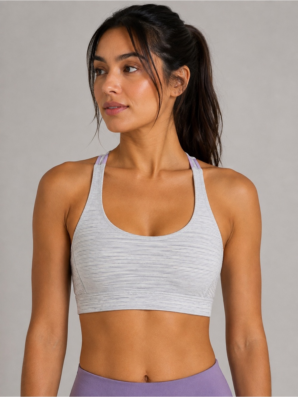Lululemon Women’s Light Gray Striped Sports Bra with Lavender Accents. Size 4
